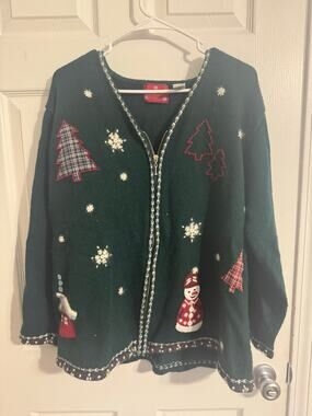 Holiday Lodge Christmas Zip Cardigan Festive Cabin, Snowman Green Sz: 3X
